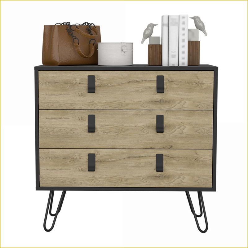 Commode, commode compacte moderne à 3 tiroirs noire / Macadamia | Bois d'ingénierie | Multicolore