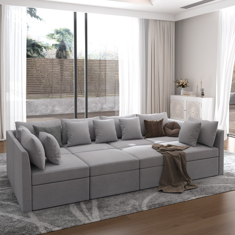 8 - Piece Upholstered Modular Corner Sectional With Storage Ottoman, Light Grey