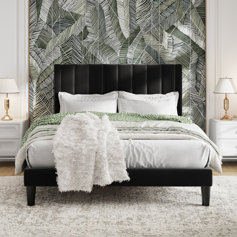 Lit plateforme tapissier en velours avec tête de lit Modern, Grand, Noir