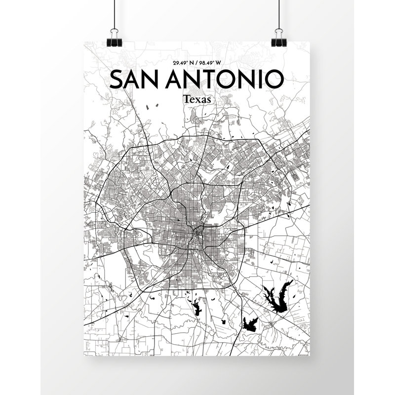 San Antonio City Map - Unframed Graphic Art Print on Paper, 43.2cm H x 27.9cm W x 0.1cm D, Grey/White
