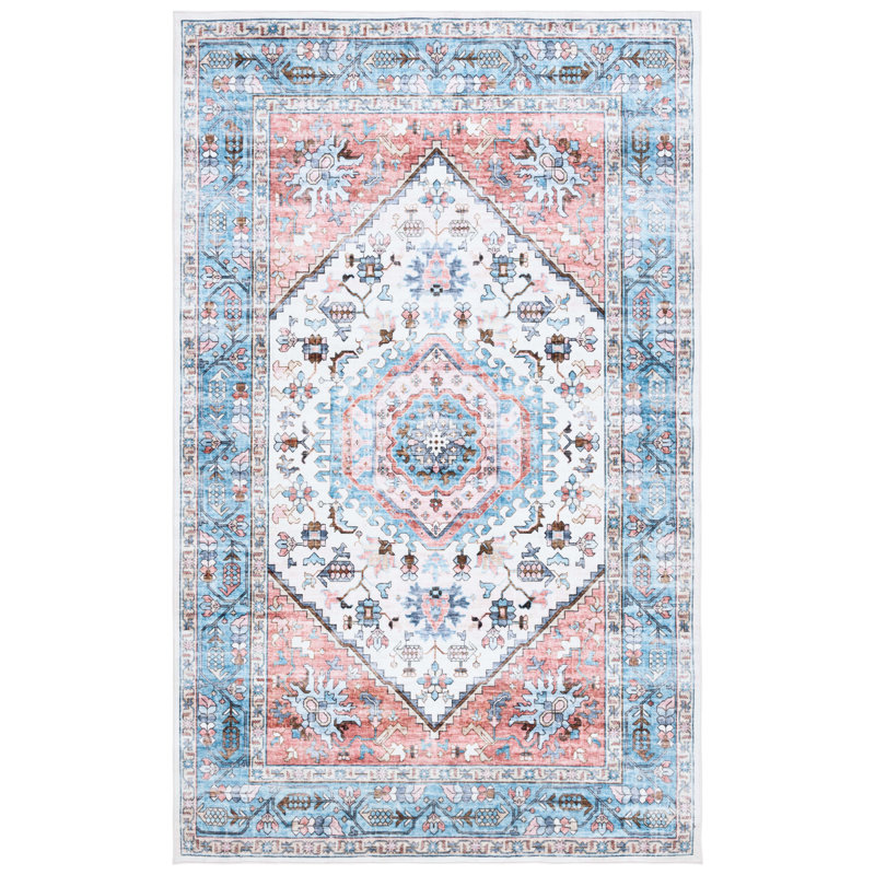 Tapis oriental en polyester tissé à la machine en turquoise / rouge, Rectangle 4 pi x 6 pi