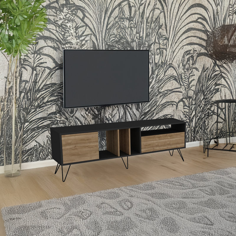 Meuble télé rectangulaire à pieds en métal pour meuble télé jusqu'à 78 po, 2 tablettes et 2 tablettes