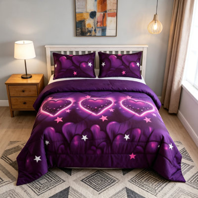 3 Pieces Purple Heart Comforter Set King Size, Neon Love & Star Bedding Set, Ultra Soft Lightweight Microfiber Comforter, Romantic Galaxy Bed Set With 2 Pillowcases For All Seasons