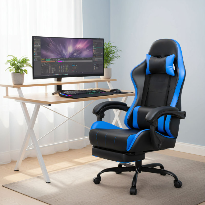 Fauteuil ergonomique bleu pour la maison / le bureau avec dossier haut, fonction inclinable, repose-pieds et soutien lombaire; Fauteuil d'ordinateur en cuir confortable