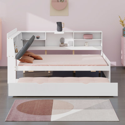 Platform Bed With Trundle, Shelves And Storage Headboard