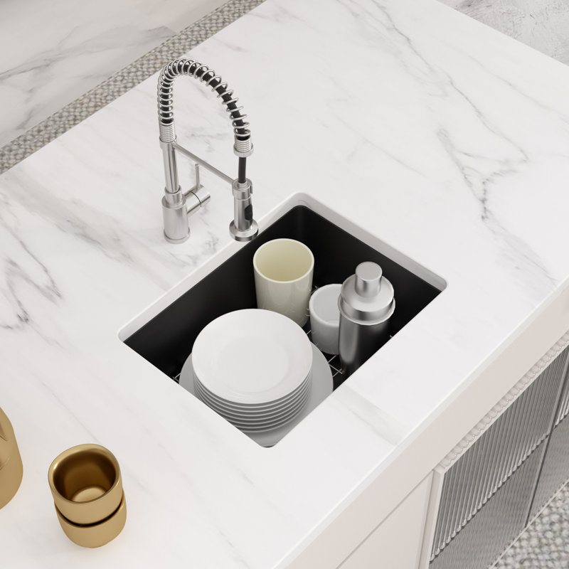 22 in. x 17 in. x 9 in. Undermount Quartz Stone Kitchen Bar Sink Black Single Bowl Composite Granite Kitchen Sink with Gold Accessories