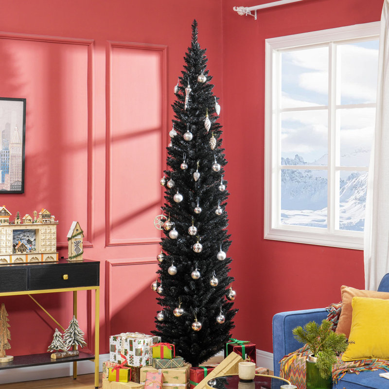 Arbre de Noël artificiel à forme allongée 8 pi avec 618 pointes de branches réalistes et support en plastique HOMcom, noir