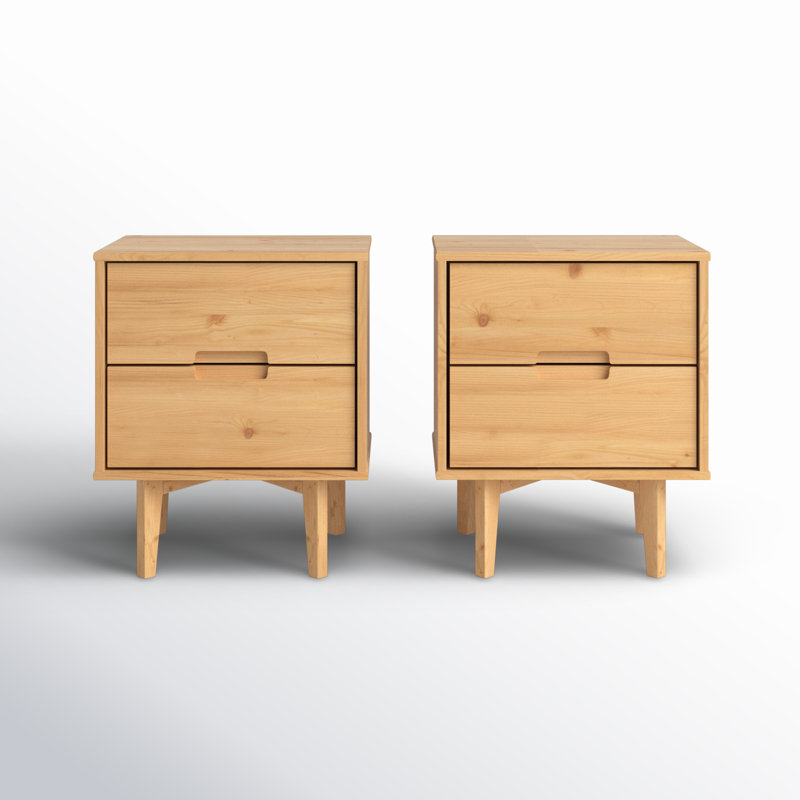 Aizlyn Mid-Century Modern Solid Wood Groove-Handle Nightstands, Natural Pine