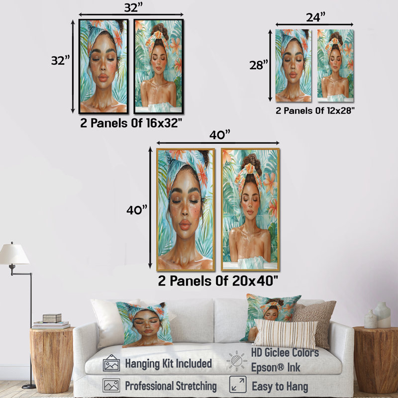 Ensemble de 2 pièces d'art mural pour salle de bain rose et bleu, Toile tendue, H 28 po x l 24 po