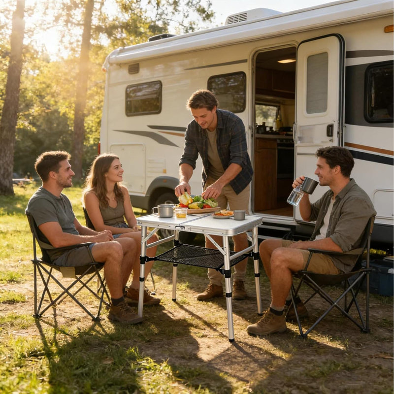 Table de camping pliante, table portative avec 3 tables de pique-nique réglables et pliables en aluminium léger avec couche en filet et pieds d'extension pour véhicule récréatif, barbecue et intérieur