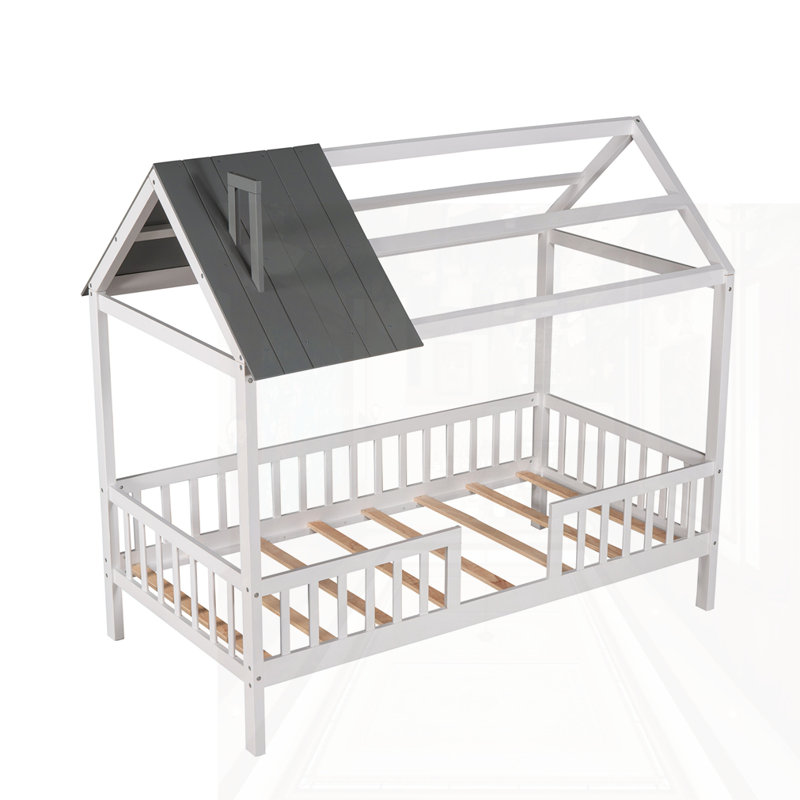 Lit simple en bois avec clôture, gris