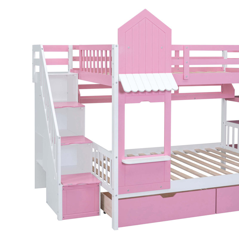 Hatina Kids Castle Style Storage Bunk Bed with Slide and Stairs, Pink, Full