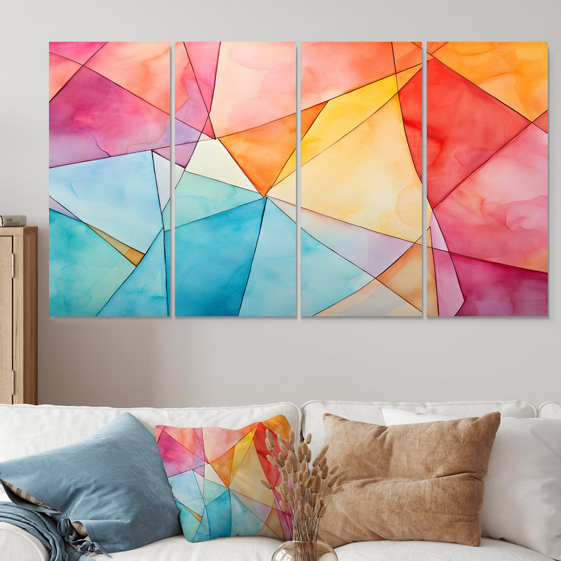«Pastel Color Geometric Ink Explosion I - Abstract Geometric», art mural 4 pièces, H 32 po x l 64 po