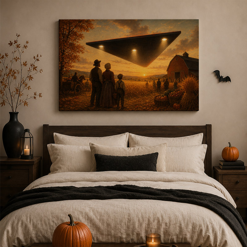 Les agriculteurs observent un OVNI triangulaire au-dessus d'une grange à l'occasion de l'Halloween (tableau sur toile)