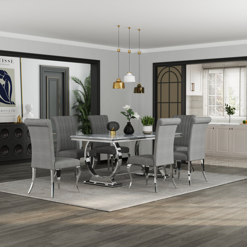Dining Table Set With 6 Boucle Dining Chairs, Silver