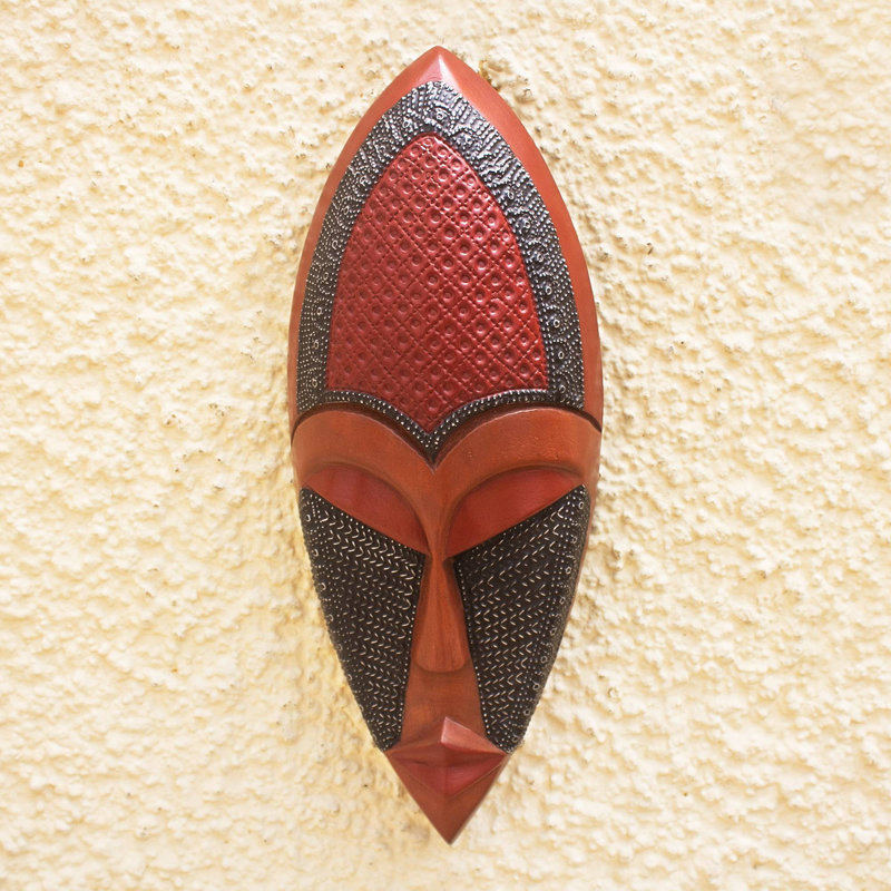 Magnifique décoration murale masque en bois africain et aluminium