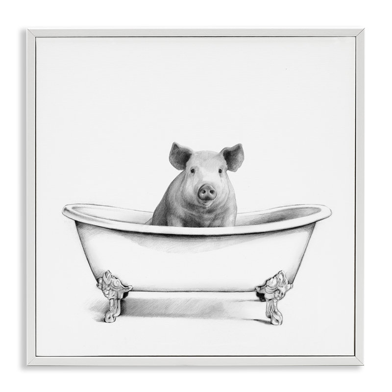Croquis minimal de salle de bain «Hog In Bath Tub», H 24 po x l 24 po, Giclée encadrée blanc bord de mer