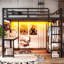 Lit mezzanine double avec tablettes de rangement et bureau, lit mezzanine en métal avec ports USB, lumières et tringle de suspension