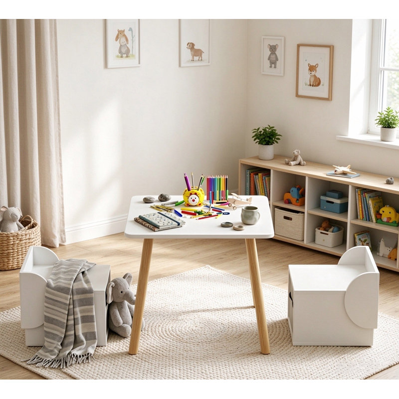 Table et 2 tabourets pour enfants, table d'activités en bois avec 2 tabourets de rangement, table de jeu pour enfants de 2 à 6 ans, idéale pour dessiner, bricoler, prendre la collation, dans la salle de jeux ou la chambre d'enfant.