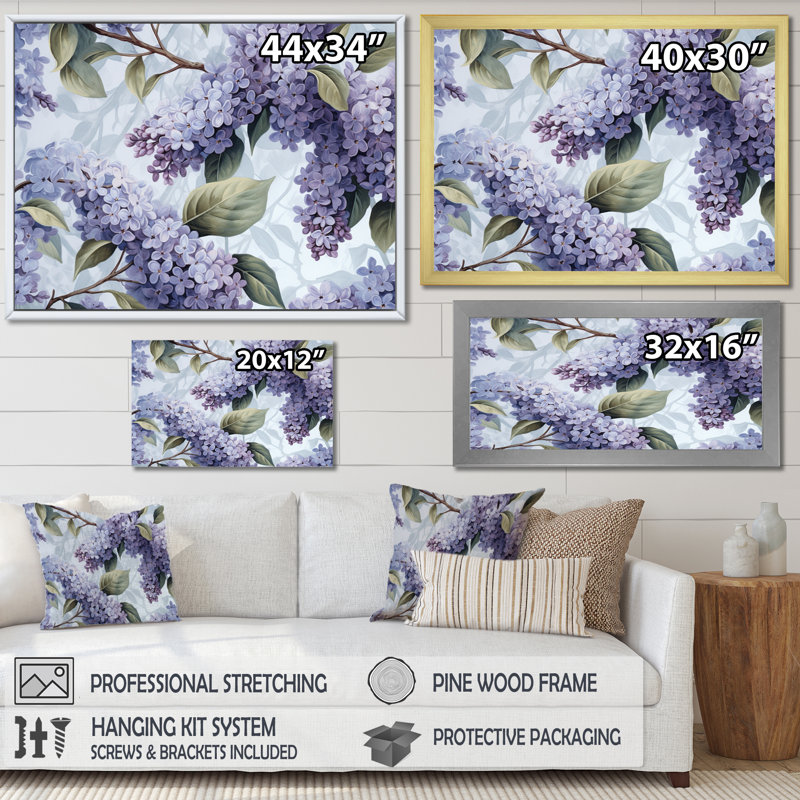 Mauve et gris, lilas, fleurs parfumées IV - art mural floral, H 16 po x l 32 po x P 1 po, Encadrement doré