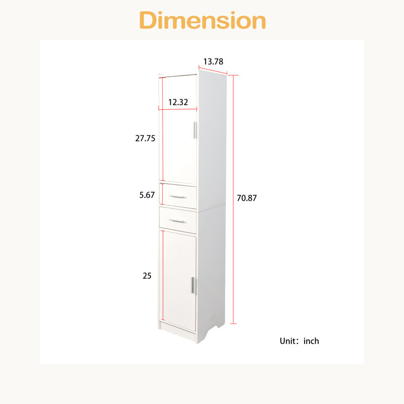 Armoire de rangement pour salle de bain de 70,87 po de hauteur avec 2 portes et 2 tiroirs, unité de rangement étroite, tablettes réglables, armoire de plancher pour salle de bain, salon