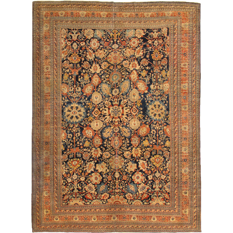 Tapis unique en laine noué à la main bleu marine / rouille 10 pi 2 po x 13 pi 11 po