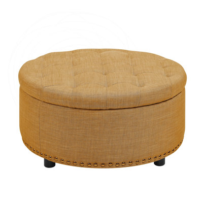 Tufted Storage Ottoman with Nailhead Trim and Linen Upholstery