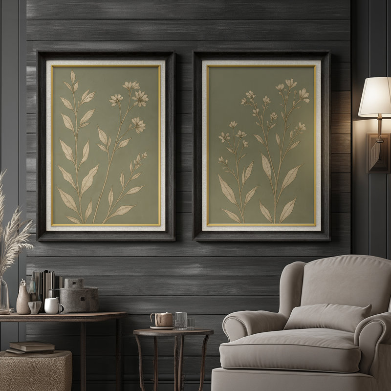 Green Botanical Line Floral Minimal Natural - Set of 2 Premium Framed Wall Art Print on Paper 26"x36", Black