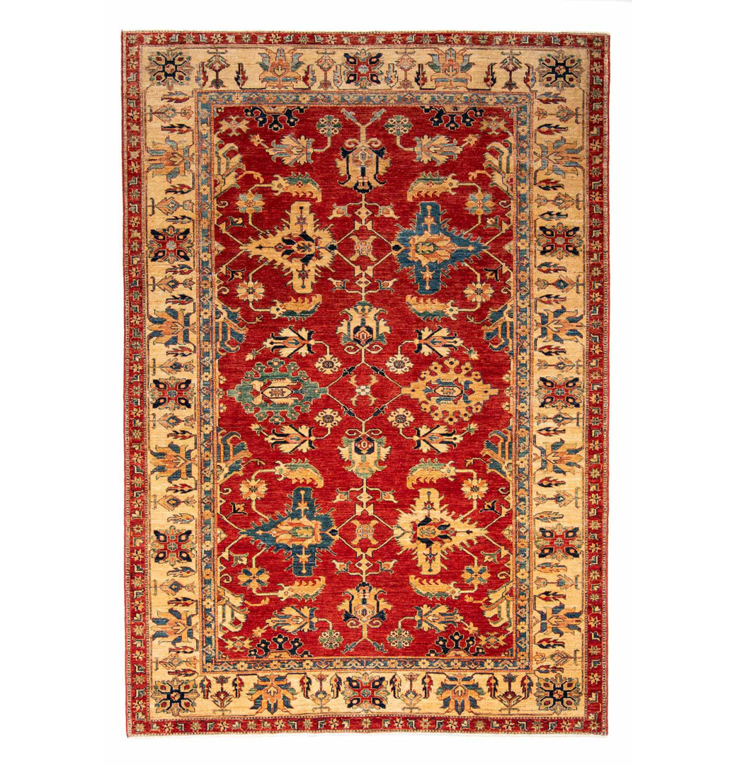 Handgeknüpfter Alfo Teppich – 290 x 205 cm – Rot/Beige/Blau