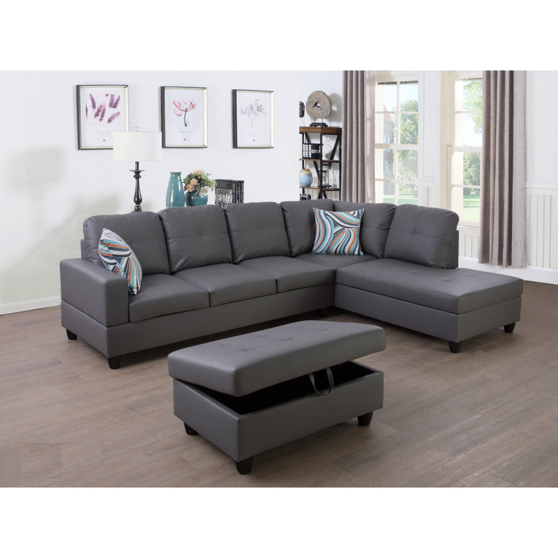 Canapé et chaise longue avec repose-pieds Beesley, Orienté à droite, Similicuir gris foncé, Noir