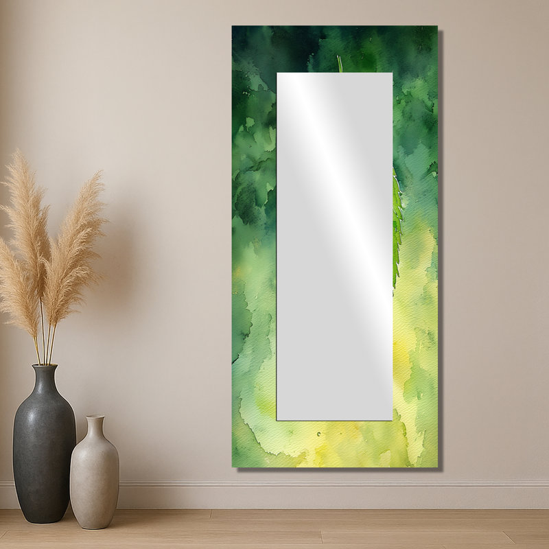 Goutte d'eau verte sur feuille II - feuilles, miroir, art mural - imprimé sur métal, 28 po x 60 po