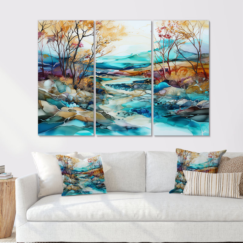 Ensemble de décorations murales paysage turquoise et brun, Toile tendue, H 40 po x l 60 po x P 1 po