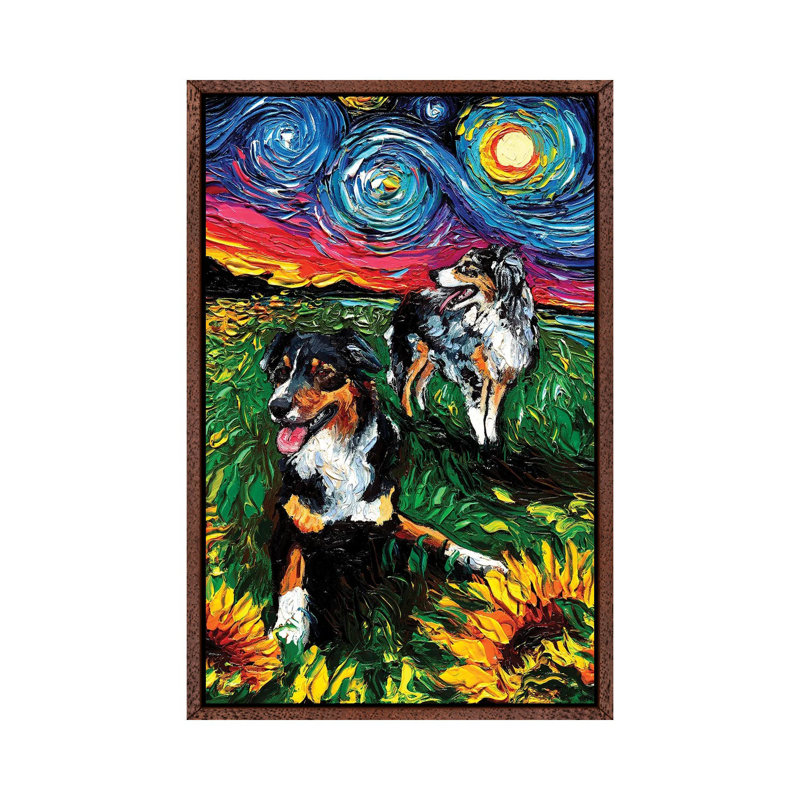 Starry Australian Shepherds by Aja Trier - Print on Canvas, 101.6 cm H x 66.04 cm W, Classic Brown Wood Framed