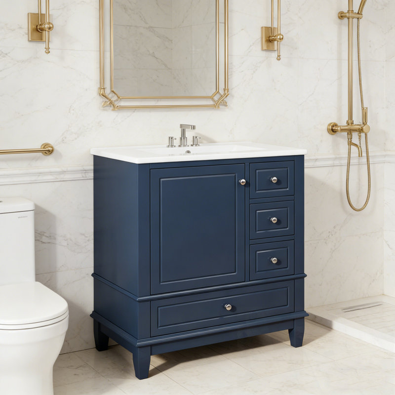 Meuble-lavabo avec lavabo, tablette et trois tiroirs, Bleu