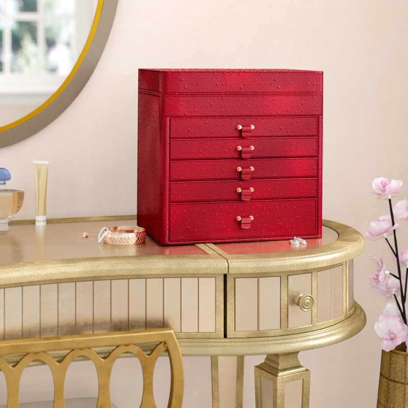Jewellery Box + Drawers, Red Leather