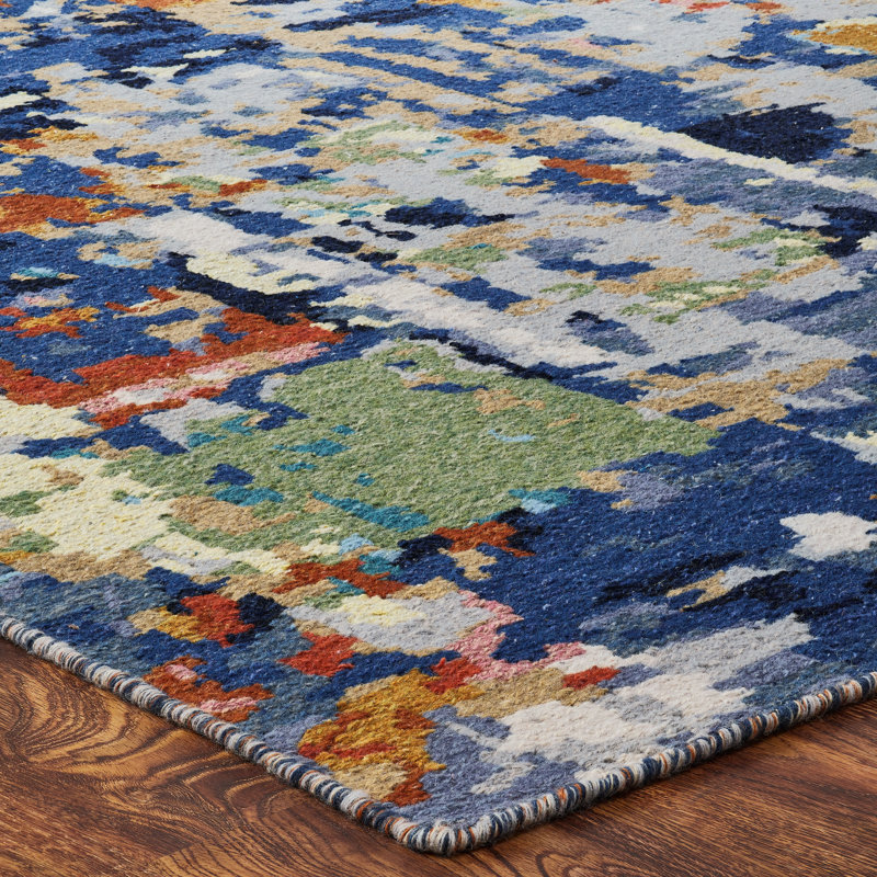 Wool Abstract Area Rug in Blue, Rectangle 9' x 12'