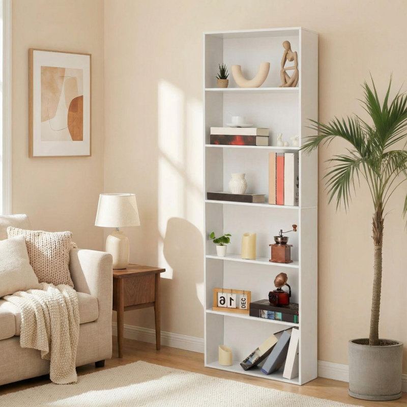 71.4" Tall 6-Tier Wood Bookcase, Slim Industrial Bookshelf with Anti-Tip Design, Off-White