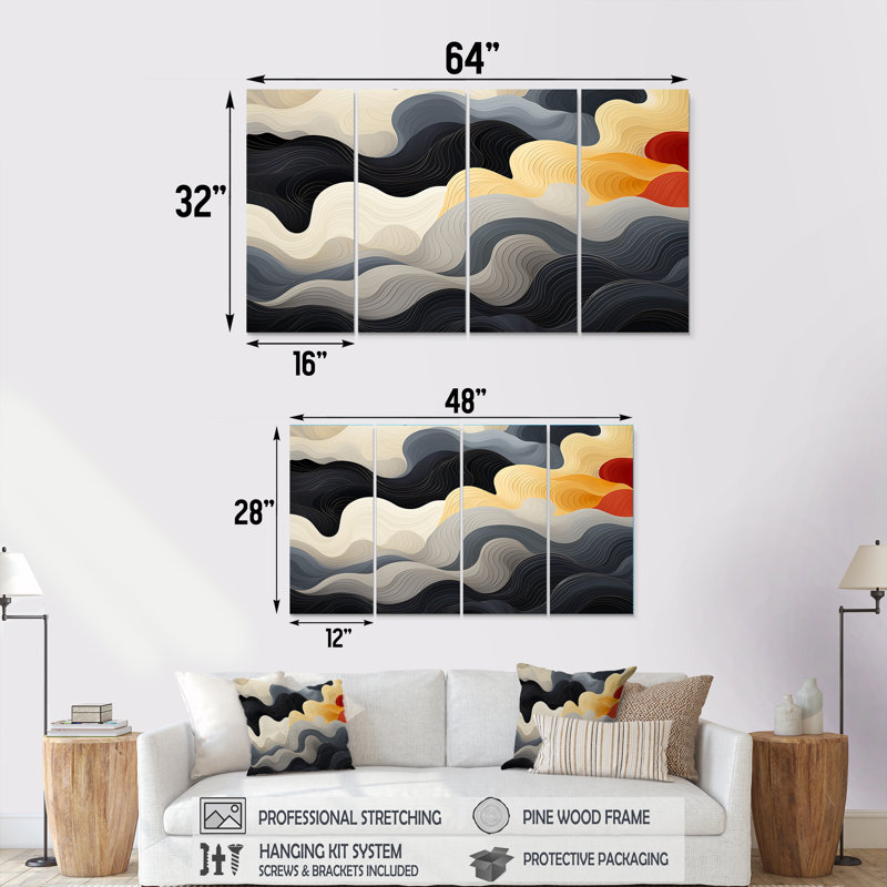 Orage solaire noir et orange - art abstrait 4 pièces, H 28 po x l 48 po