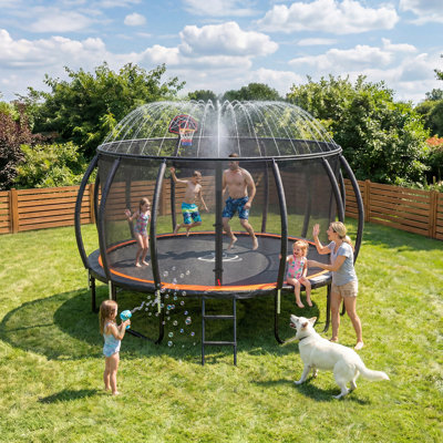 Outdoor Trampoline for Kids & Adults, Heavy-Duty Recreational Trampoline with Anti-Rust Coating, Enclosure Net, LED Light + Sprinkler, Basketball Hoop