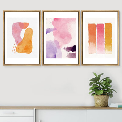 " Pastel Pink Watercolor Collage Abstract Shapes Illustrations Modern Art Decor Minimal Colorful " 3 - Pieces