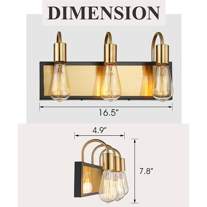 3 - Light Dimmable Vanity Light, Gold/Black