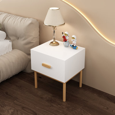 Table de chevet blanche moderne avec tiroir et pieds en bois