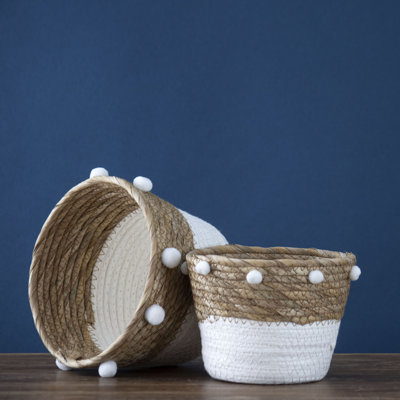 Natural Cattail Decorative Storage Baskets with Pom Poms Set of 2