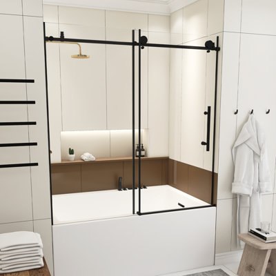 Porte de douche sans cadre 56 po x l 60 po x H 60 po, verre trempé transparent épais de 1/4 po, film antidéflagrant, poignée en acier inoxydable, noir mat