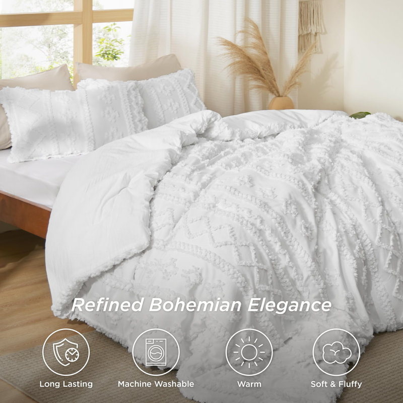 Ensemble de literie Boho, Housse de couette et insert très grand + 2 très, Blanc