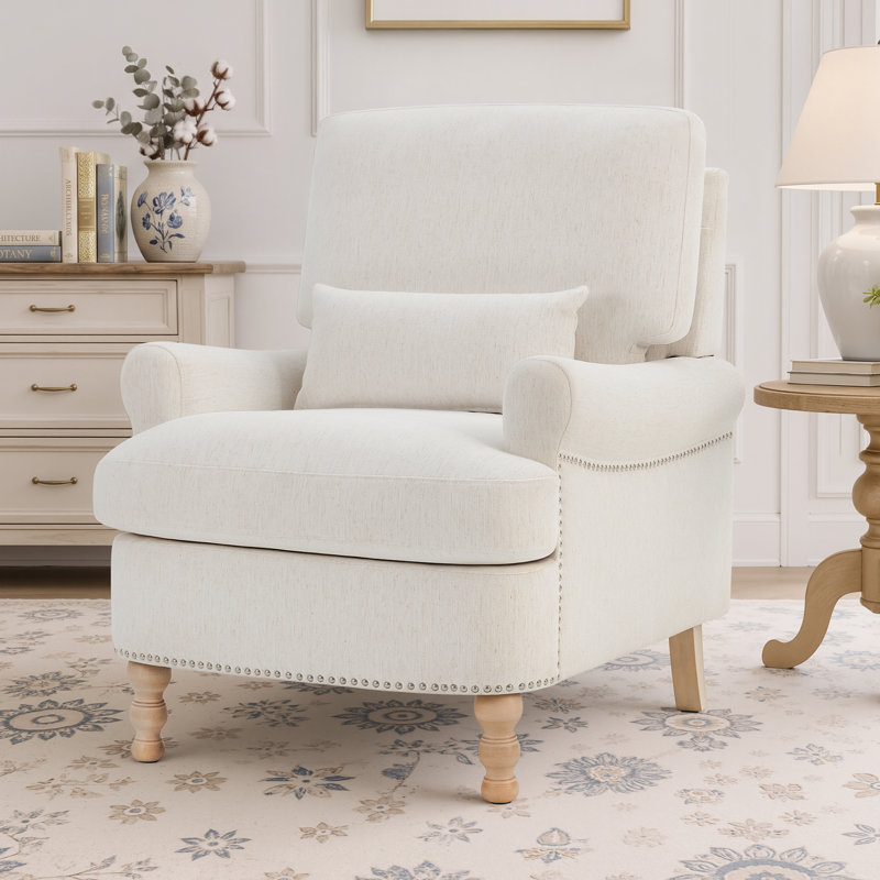 Fauteuil d'appoint Rickon style campagne française, avec accoudoirs arrondis et coussin lombaire, idéal pour le salon, la chambre ou le bureau à domicile.