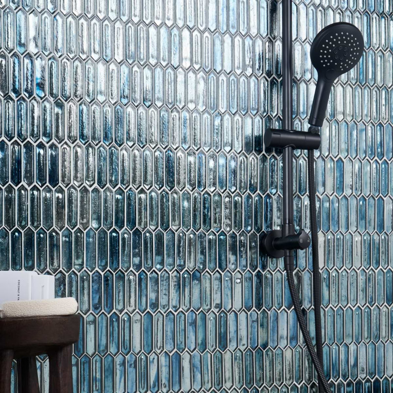 Komorebi 1x3 Picket Polished Glass Mosaic Tile, Jet Stream Blue