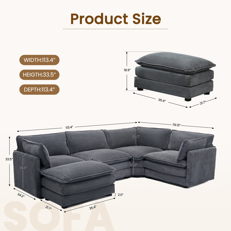 Canapé modulaire en velours côtelé 5 pièces avec repose-pieds, Velours côtelé gris foncé