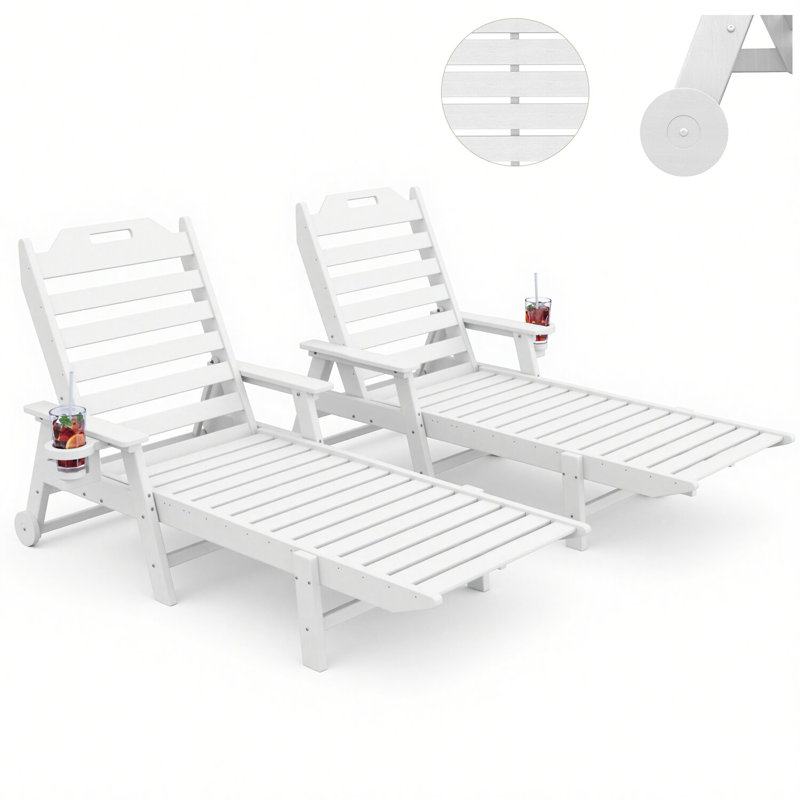Set of 2 Oversized Outdoor Lounge Chairs – HDPE All-Weather Chaise Lounge with 6 Positions, 500-LBS Capacity, Wheels, and Cup Holder for Deck or Poolside, White