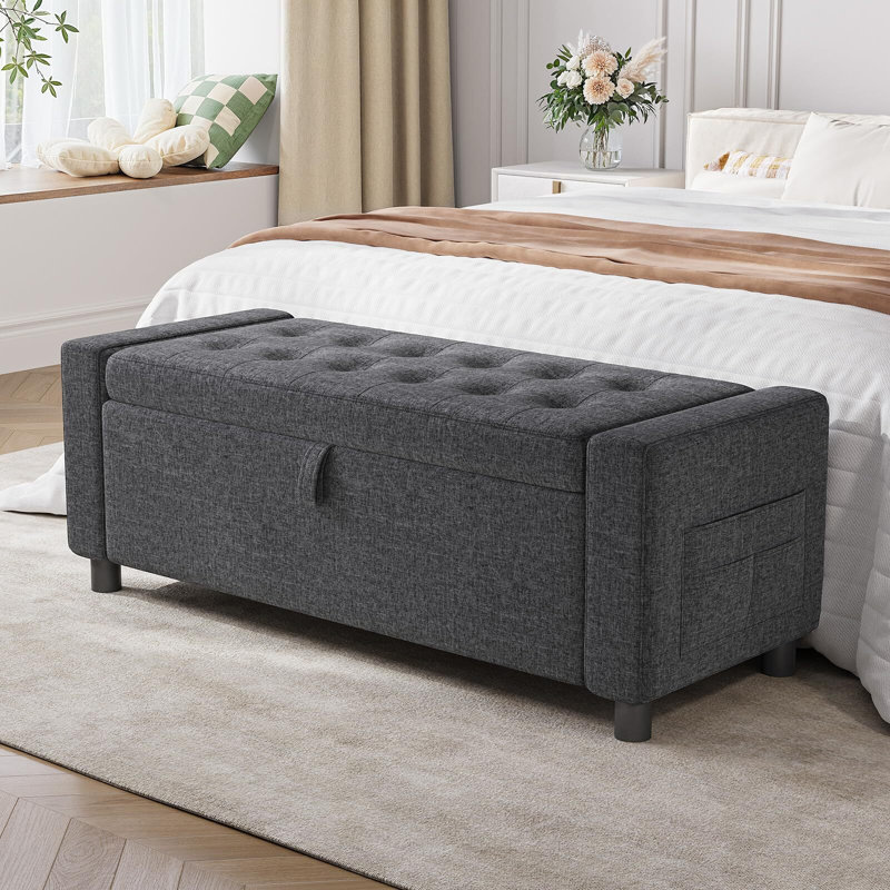 45.3" Storage Ottoman Benches, 3.14" Thicker Upholstered End of Bed Bench With 30 Gallons Hidden Compartment & Side Pocket,for  Bedroom,Living Room, Entryway,Dark Gray